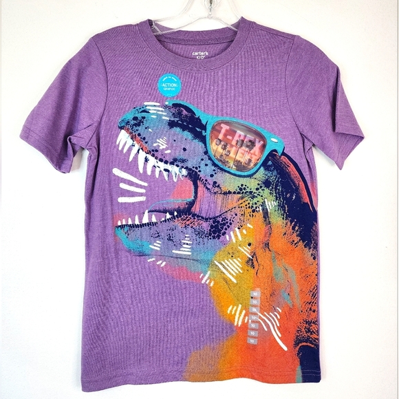 NWT Carter's Cool Purple Dinosaur Action Graphic Kids S/S T-Shirt, sz 10/10A - Picture 1 of 7